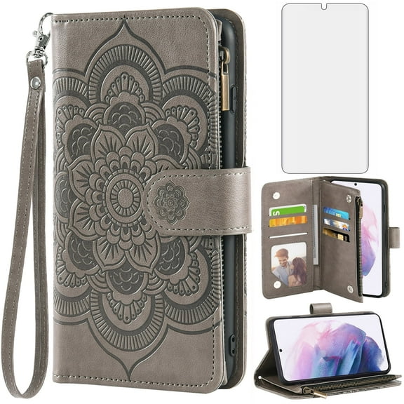 Compatible with Samsung Galaxy S21 Plus S21 5G Wallet Phone Case and Tempered Glass Screen Protector Flower Faux Leather Flip Credit Card Holder Stand Zipper Cell Cover for S21 5G S21plus Grey