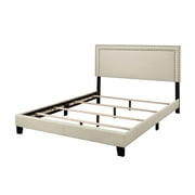 Home Design Adam Queen Upholstered Panel Bed Frame with Nailhead Trim and Padded Headboard, Beige, Easy assembly