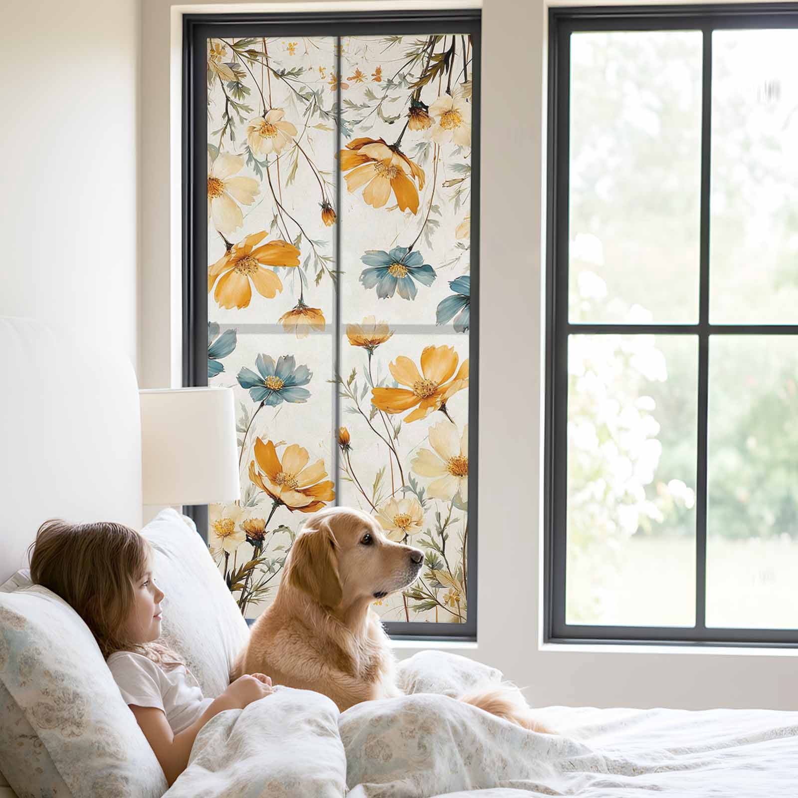 Yellow Blue Spring Floral Window Privacy Film, Watercolor Summer Botanical Static Cling UV Sun Blocking Tint Film Heat Control Windows Films for Bedroom Bathroom, Window Stickers 23.6"x59"