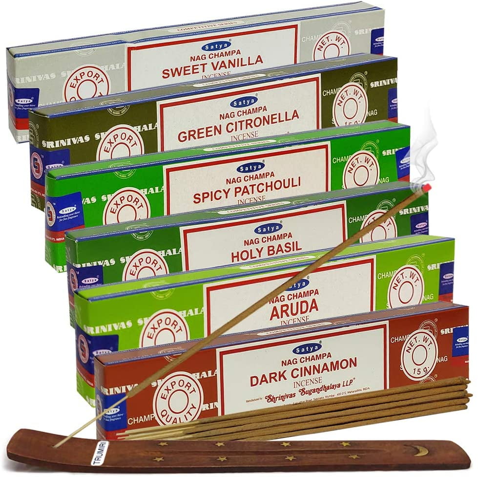 Satya Incense Sticks Variety Pack 8 and Incense Stick Holder Bundle