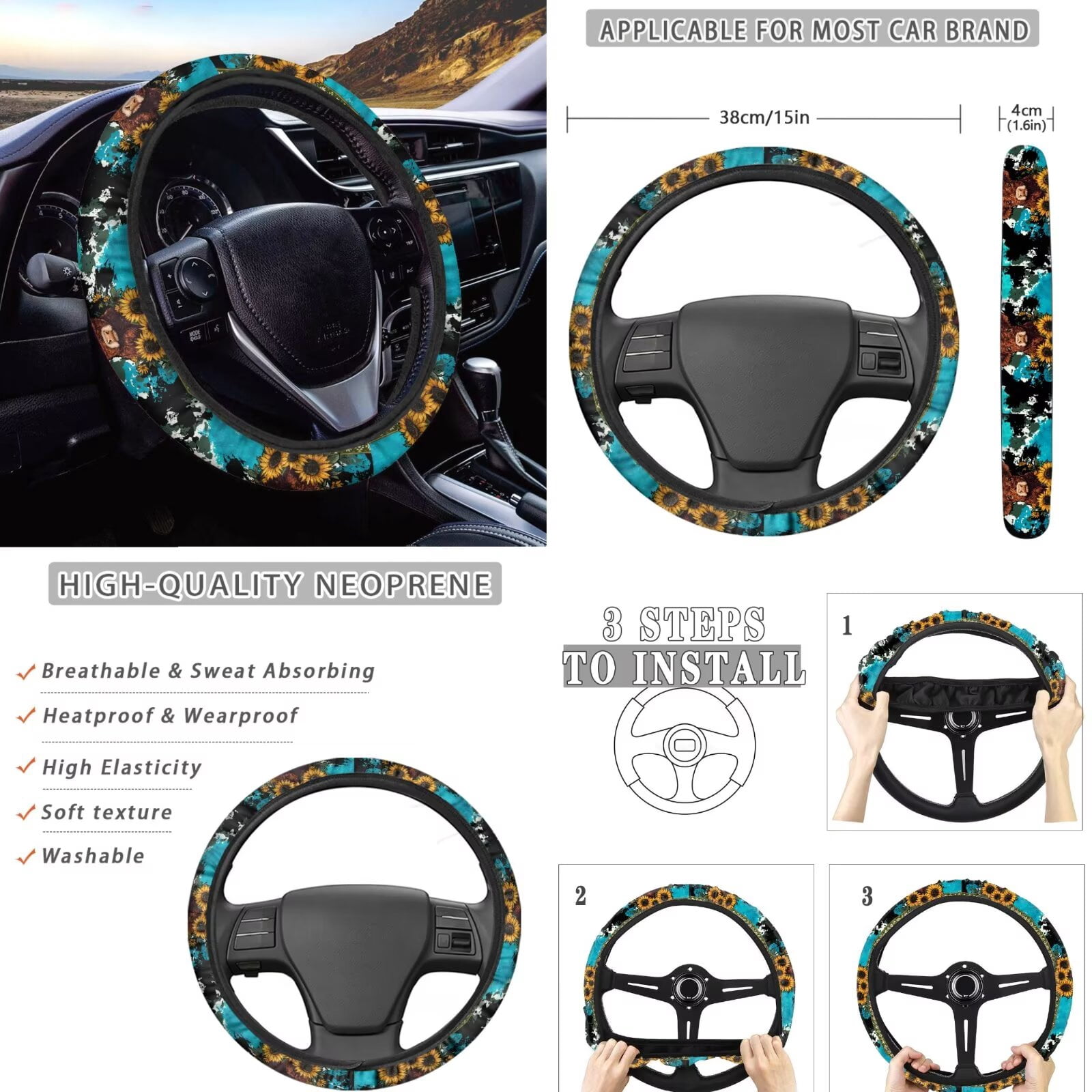 FKELYI 16 Pcs Auto Interior Set Car Seat Covers with Steering Cover Seat Belt Pads American Tribal Sunflower Highland Cow Print Armrest Pad Coasters Handbrake Covers Gear Shift Knob Sleeve