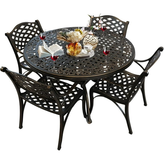 5 Piece Outdoor Dining Set for 4 Person,Cast Aluminum Patio Table and Chairs Set,All-Weather Round 48" Patio Dining Table with 2.36" Umbrella Hole,Patio Furniture Dining Set for Balcony Garden,Bronze