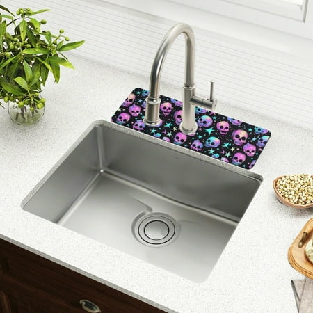 

Faucet Mat for Kitchen Sink 15 Sink Splash Guard Mat Super Absorbent Fast Drying Drain Pad Neon Skulls and Stars 2 Pack