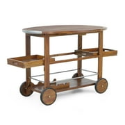Rayan Outdoor Dark Oak Acacia Wood Bar Cart with Shiny Powder Coated Aluminum Accents