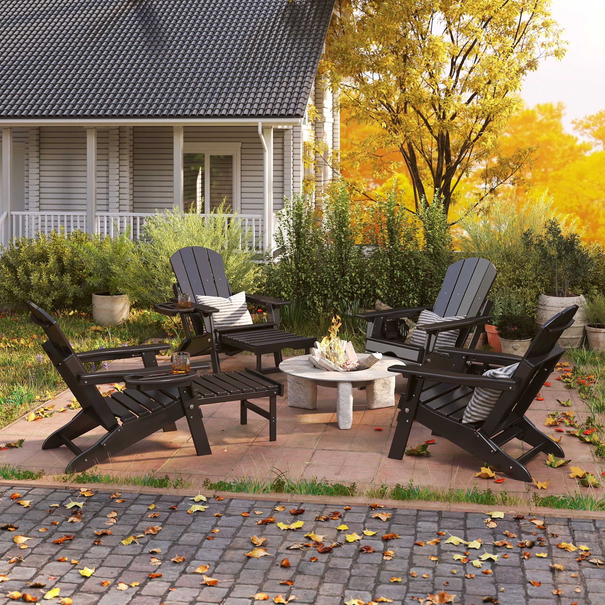 Folding Adirondack Chair with Retractable Ottoman, HDPE All-Weather Resistant Adjustable Backrest Adirondack Chair w/4 in 1 Cup Holder Trays, Black