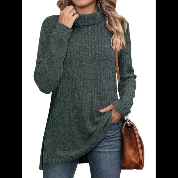 Tops Tipo Túnica para Mujer, Cuello Alto, Larga, Suéteres Oversize de Otoño, Abertura Lateral, Dobladillo Alto-Bajo Verde M