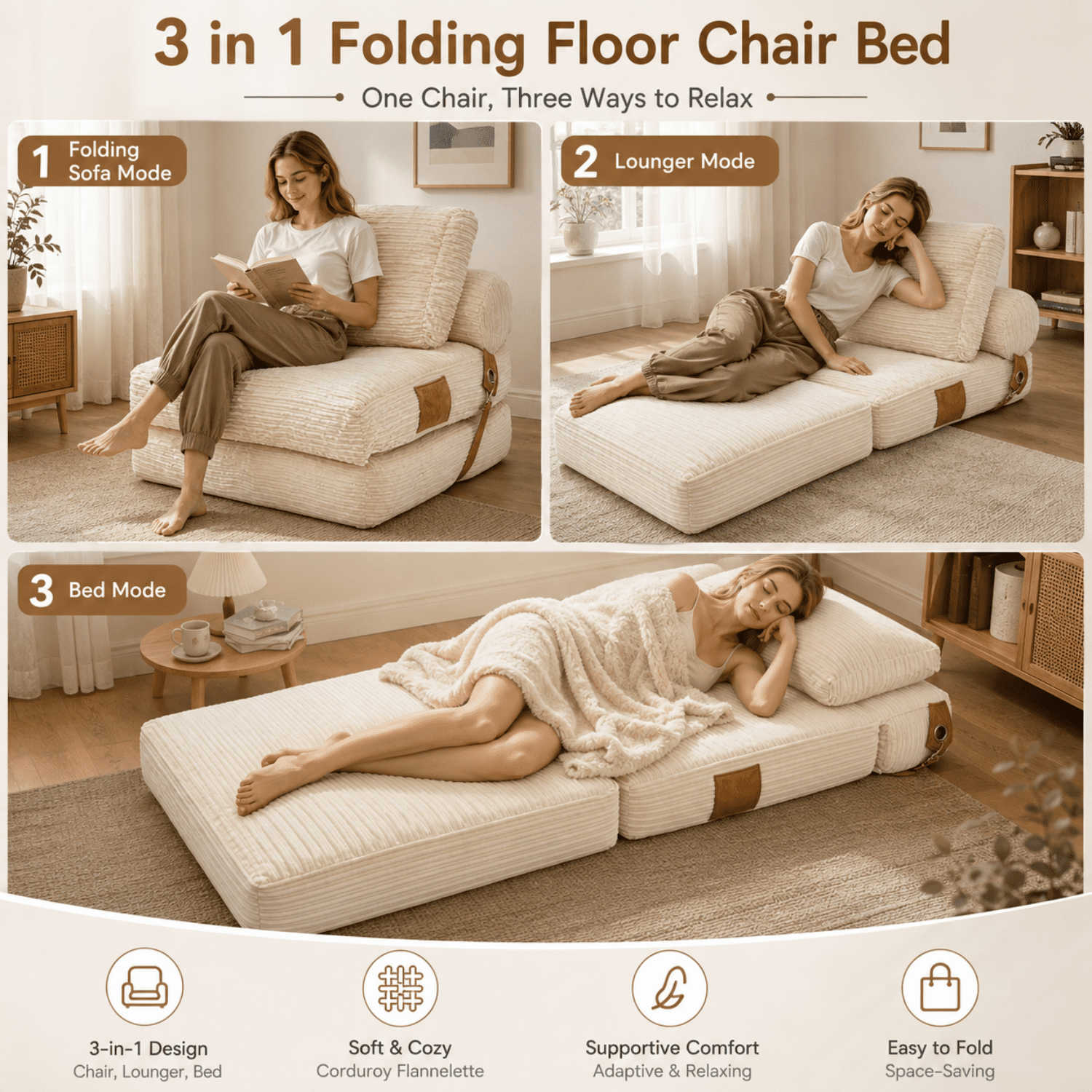 Miniyam Folding Floor Chair Bed, 3-in-1 Convertible Floor Sofa Bed with Flannelette Upholstery and Side Pockets, White