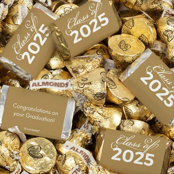 128 Pcs Gold Graduation Candy Party Favors Hershey's Miniatures and Almond Kisses by Just Candy (1.58 lbs approx. 128 Pcs)