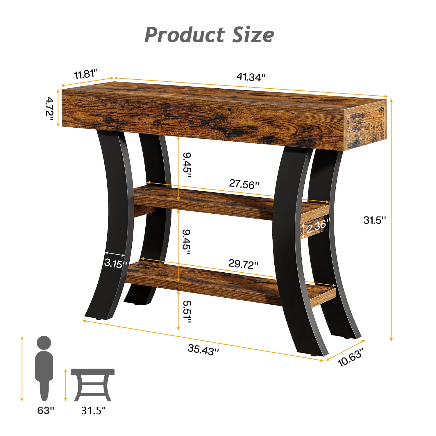 Barara King Console Table, Entryway Table, Display Shelf,Industrial Rustic Console Table with Shelves and Metal Curved Legs
