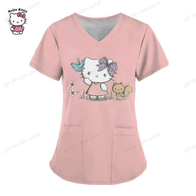 RWJDXD Kawaii Uniforme d'Infirmière Blouses Médicales pour Femmes Imprimé Hello Kitty Manches Courtes avec Poche Blouse d'Été