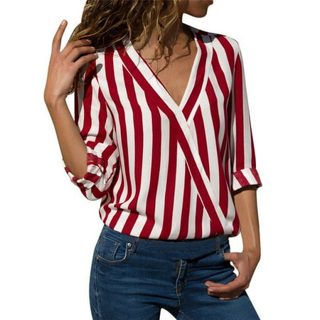 Women's Fashion Casual Stripe Print V Neck Tops Long Sleeve Plus Size Slim Fit Irregular T Shirt