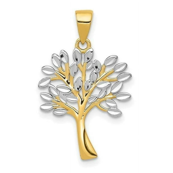 14K Yellow Gold White Rhodium Solid Polished Diamond Cut Finish Tree Design Charm Pendant