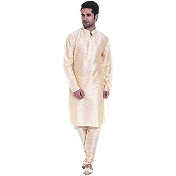 Royal Kurta Men's Luxury Art Silk Blend Occasional Kurta Churidar Set Gold