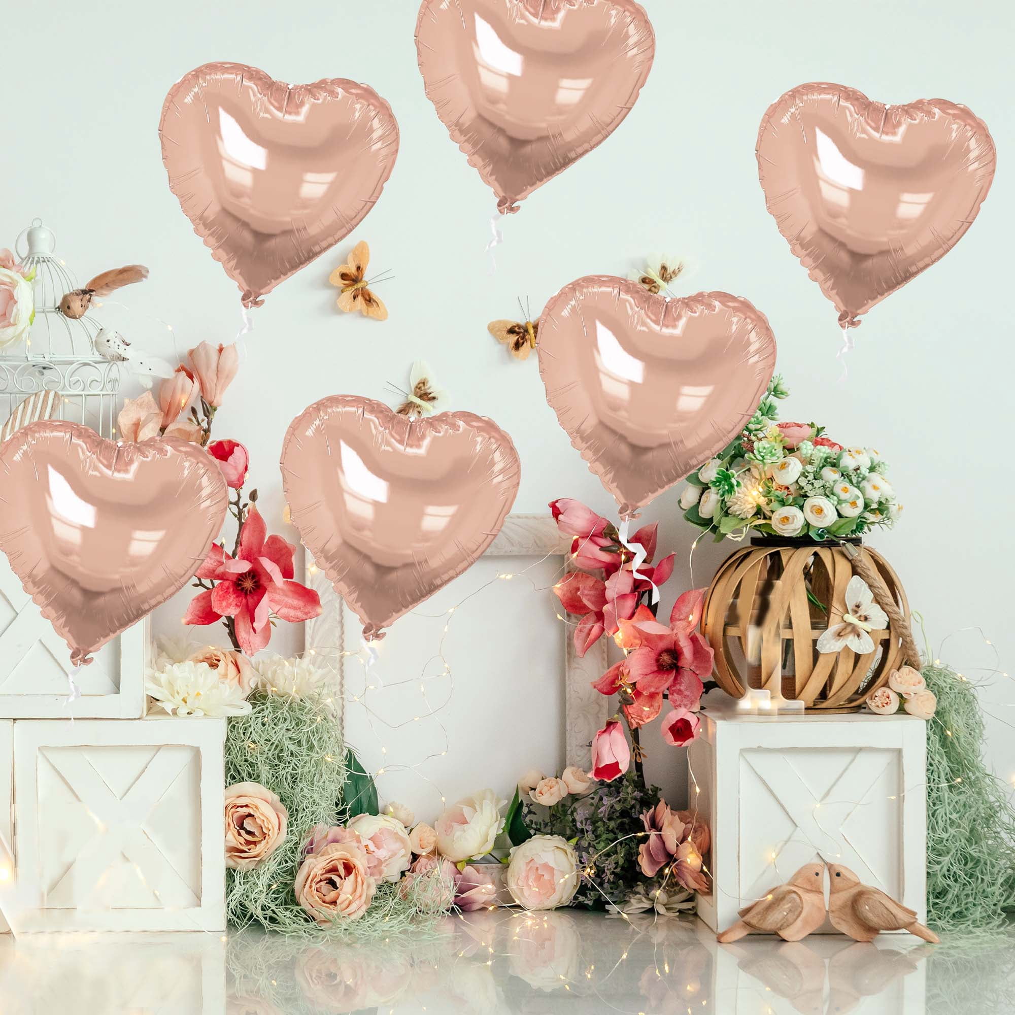 Unique Bargains 10Pcs Helium Balloons with Ribbon Heart Pattern Champagne Gold Tone