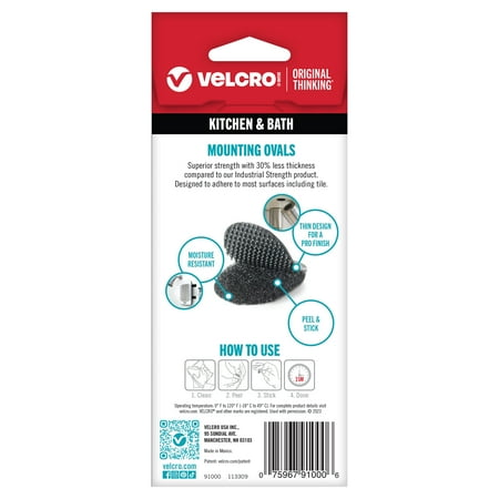 VELCRO Brand Kitchen & Bath Mounting Ovals, Moisture Resistant, Black 1in x 3/4in, 10 Count