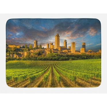 Italy Bath Mat, Vineyards of San Gimignano Tuscany Historic Architecture Dramatic Sky Clouds, Non-Slip Plush Mat Bathroom Kitchen Laundry Room Decor, 29.5 X 17.5 Inches, Green Apricot Blue, Ambesonne