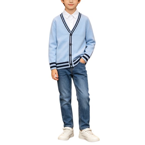 XXWXYD Boys V Neck Knit Cardigan Striped Rib Trim Long Sleeve Button Down Sweater Lightweight Knit Jacket For Spring Autumn Layering Kids Boys Prepp𝗒 Sweater Vest Unifor𝗆