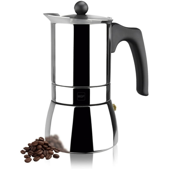 MAGEFESA Genova Stovetop Espresso Moka Pot, 6-Cup/10 oz, made of 18/10 Stainless Steel, Suitable for Induction, Greca/Italian Coffee Maker