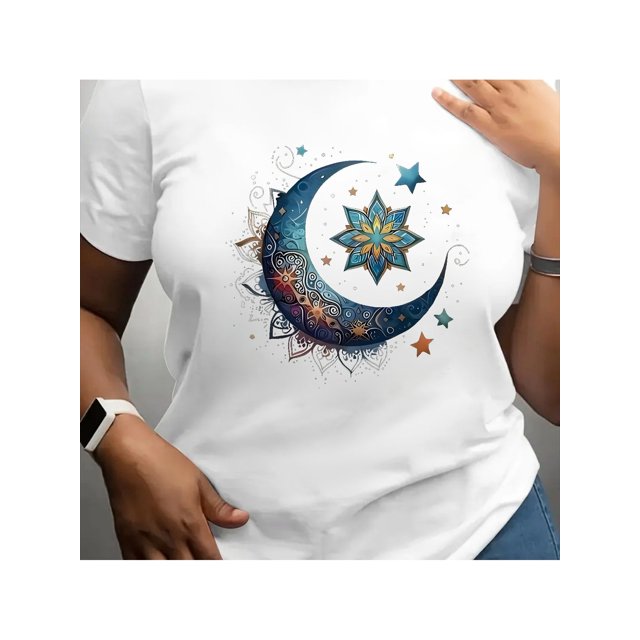 Plus Size T-Shirt Crescent Moon Intricate Patterns Graphic Print T-Shirt Summer Crew Neck Short Sleeve Women'S Casual Holiday T-Shirt Plus Size