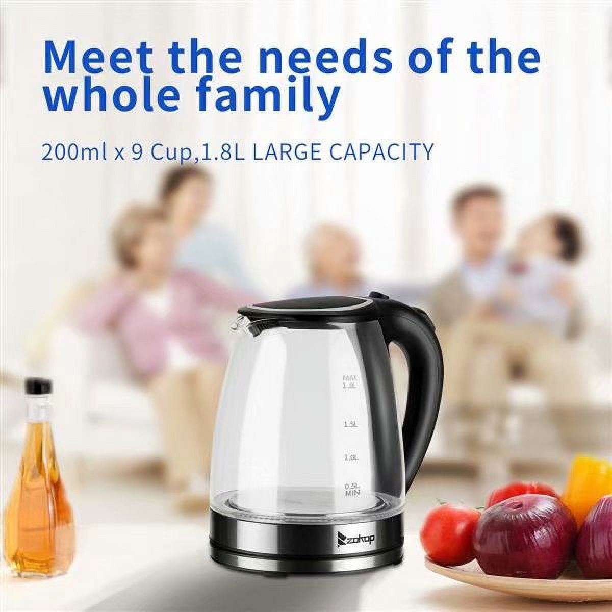 Electric Kettle Glass Boiler Coffee Pot, Water Heater 7 Big Cups 1.8 Liter with Quick Boil, Auto Shut Off and Boil-Dry Protection