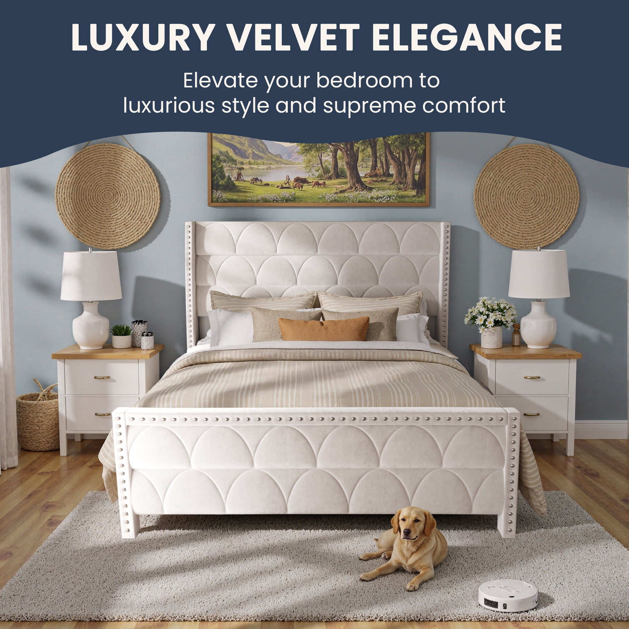 56" Velvet Upholstered Bed Frame with Wingback Headboard, Nailhead Trim, Wood Slat Support, No Box Spring Required