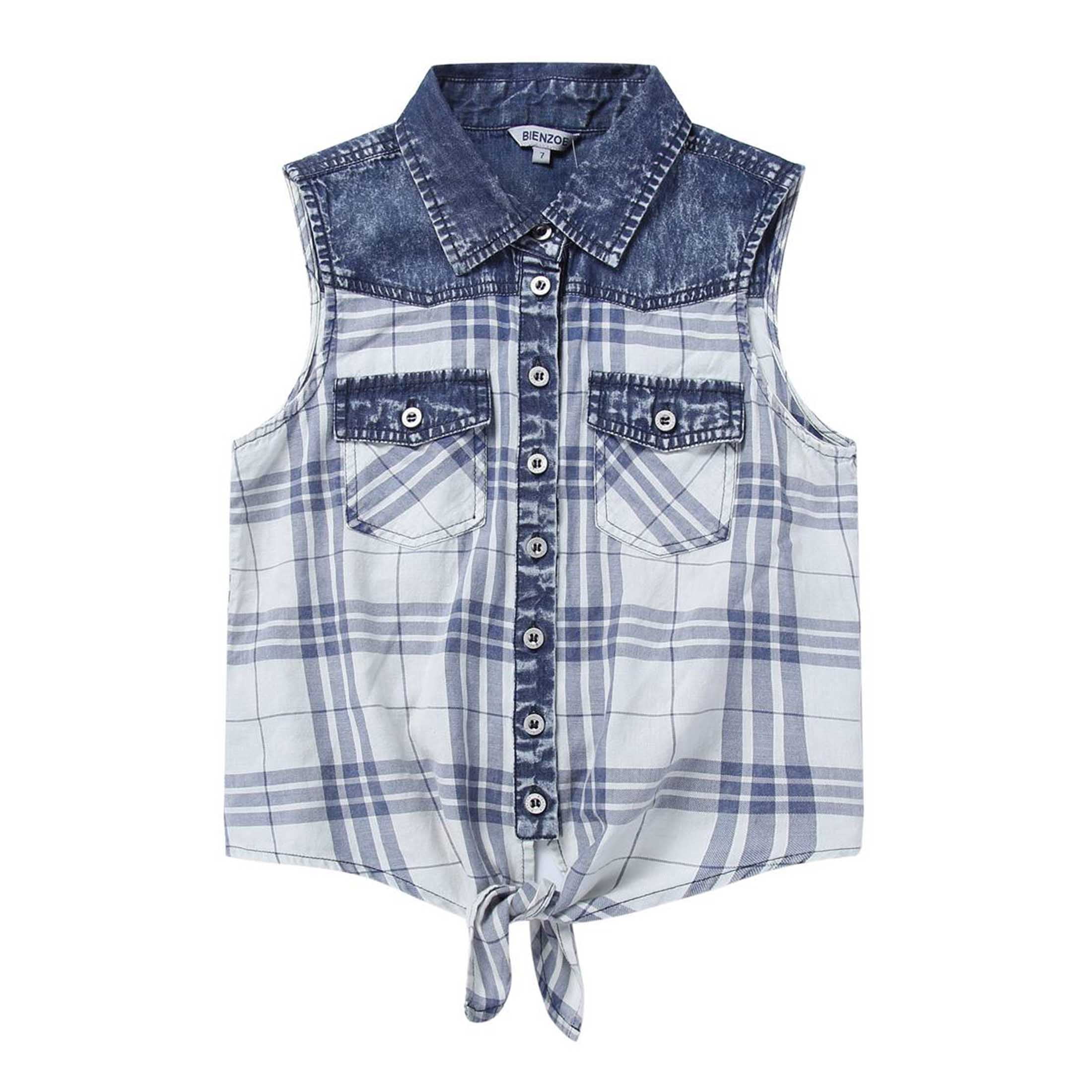 Bienzoe Girl's Plaid Denim Sleeveless 