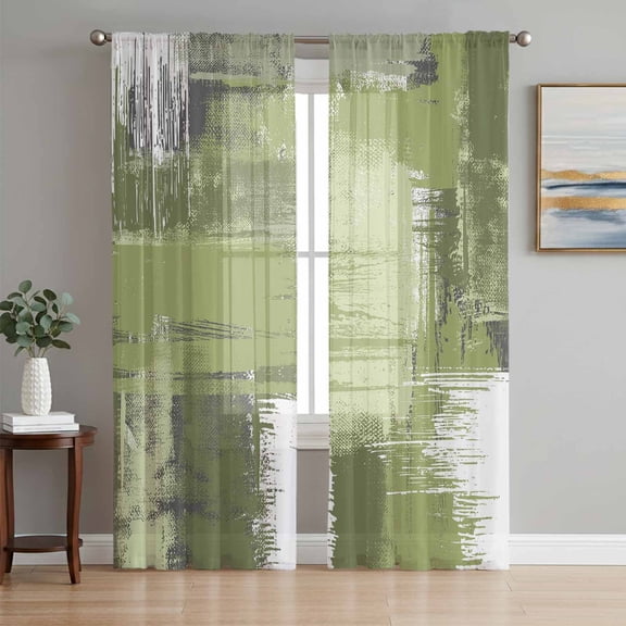 Sage Green Abstract Semi Sheer Curtains 96 Inch Length 2 Panels Set, Modern Mottled Art Oil Painting Sheer Kitchen Curtain Privacy Voile Window Curtain for Living Room Bedroom Rod Pocket Drapes
