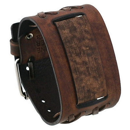 Leather Cuff Band - DXB-B Criss Cross Pattern Wide Moro Brown Leather Cuff Wrist Watch Band