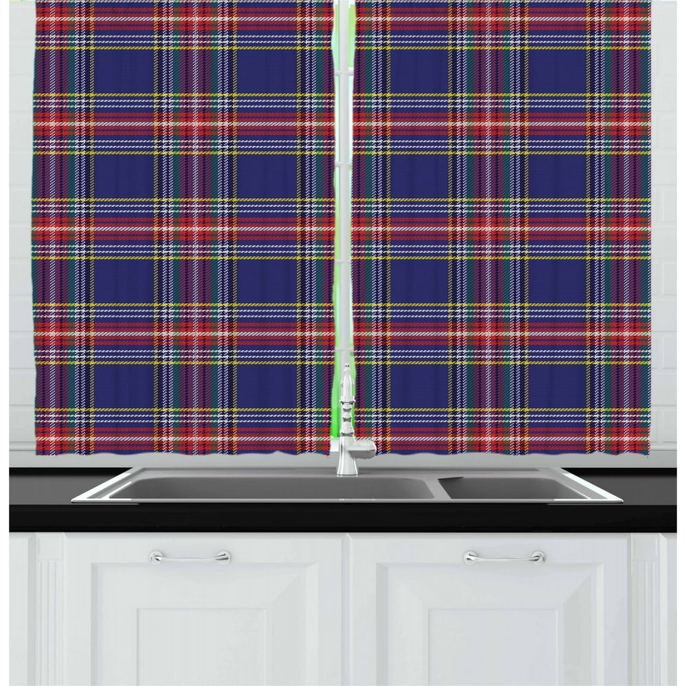 Red Plaid Curtains 2 Panels Set, Ancestral Scottish Tartan Squares Lines Geometry Inspired