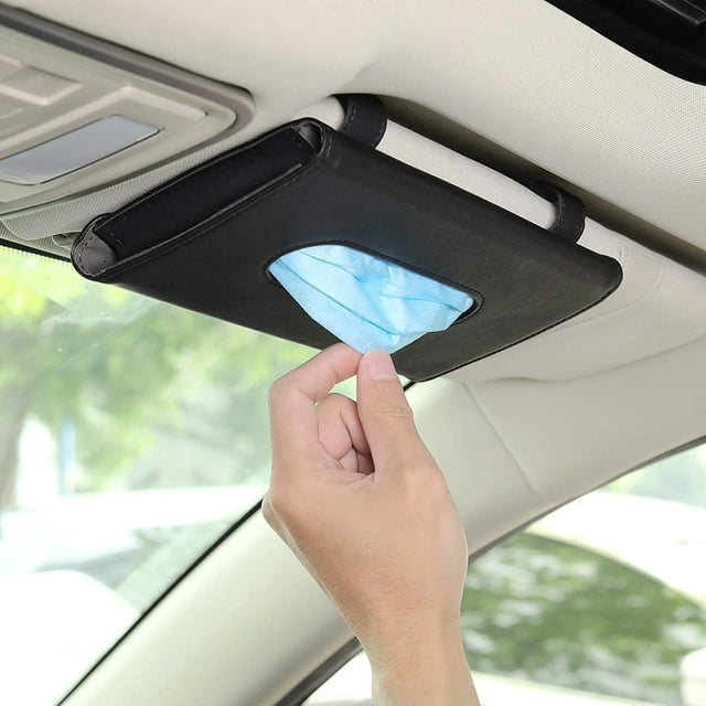 Caja de pañuelos para visera de coche, clip de cuero para sujetar pañuelos, contenedor de pañuelos de cuero (negro)