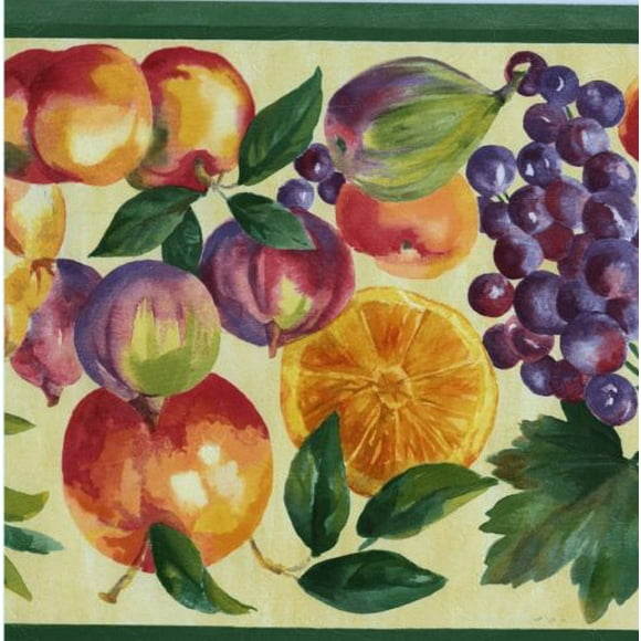 Concord Wallcoverings Wallpaper Border Fruits Pattern Pineapple Apples Grape Peaches Orange Figs for Kitchen Dining Area, Multicolor, 9 Inches by 15 Feet KR75120B