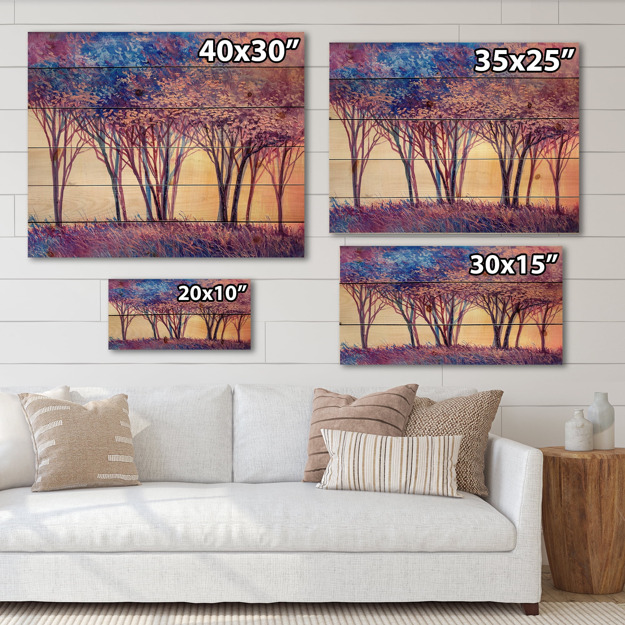 Designart 'Colorful Blue Trees Abstract Forest Landscape' Modern Print on Natural Pine Wood