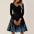 thumbnail image 2 of Ladies' Christmas Printed Casual And Fashionable V-Neck Long Sleeved Dress, Holiday Print, Retro Style, Party Wear, Casual Fashion, Everyday Dress,Dark Blue,S, 2 of 7