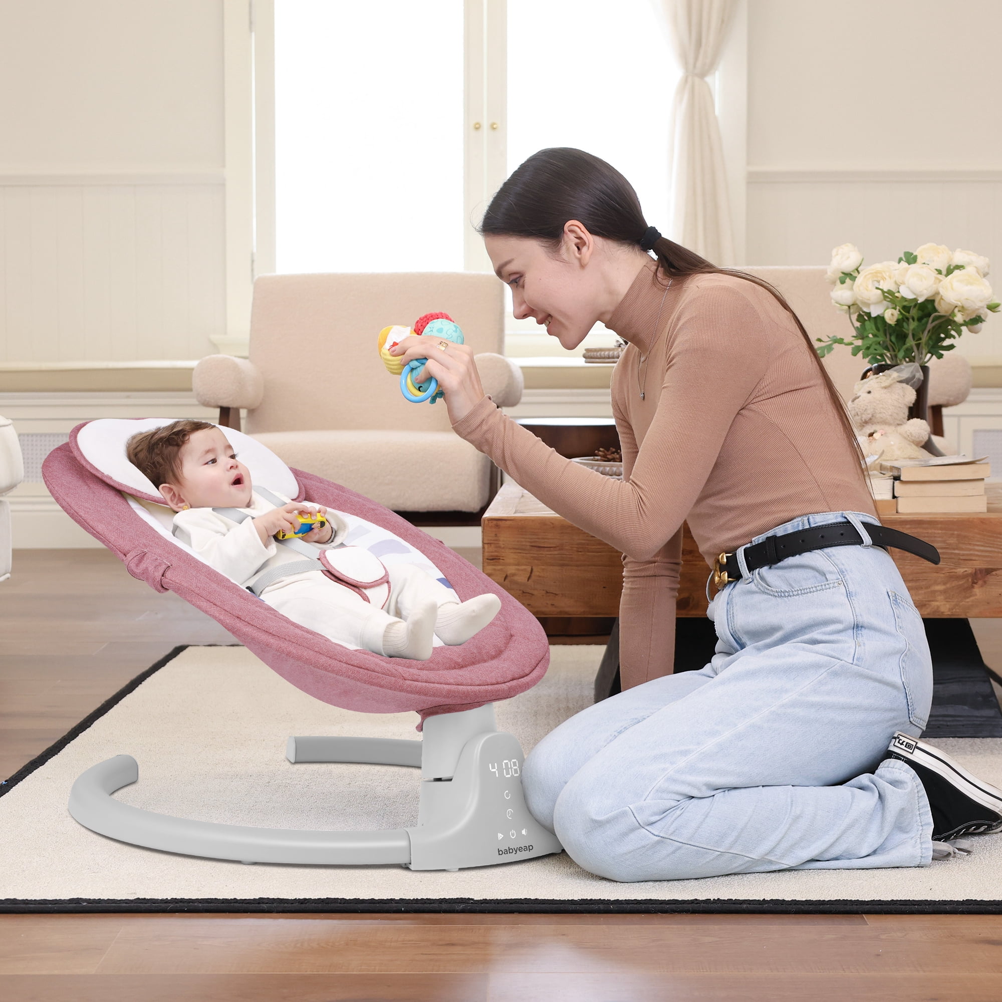 Babyeap Baby Swing for Infants - APP Remote Bluetooth Control, 5 Speed Settings, 10 Lullabies, Pink