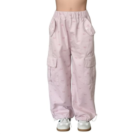 TIREOW Girls Cargo Pants Bow Print Elastic Waisted Wide Leg Cargo Sweatpants Streetwear Lightweight Casual Joggers with Multi Pockets