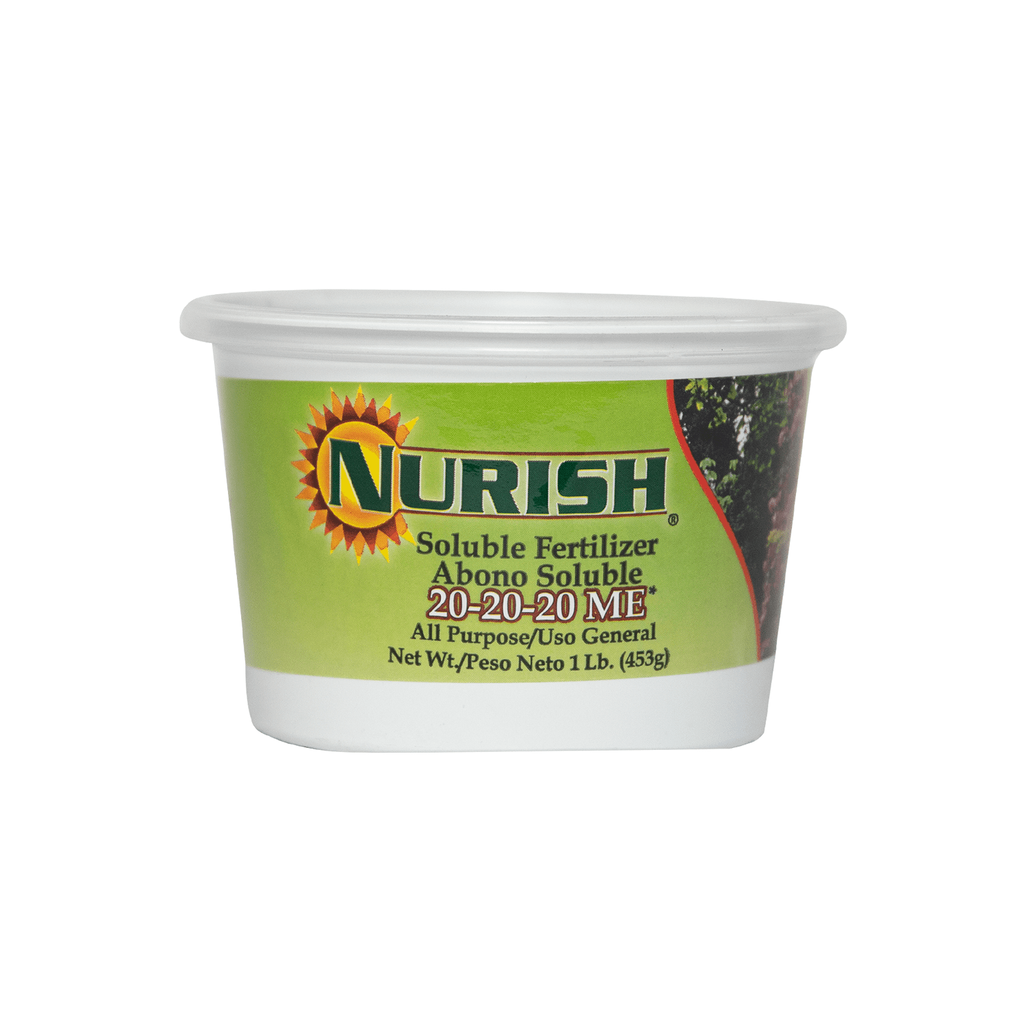 Nurish Soluble Fertilizer 20-20-20 ME All Purpose 1 lb. Ingredients: Total Nitrogen, Available Phosphorous, Soluble Potash, Total Magnesium and Minor Elements. Made in Puerto Rico