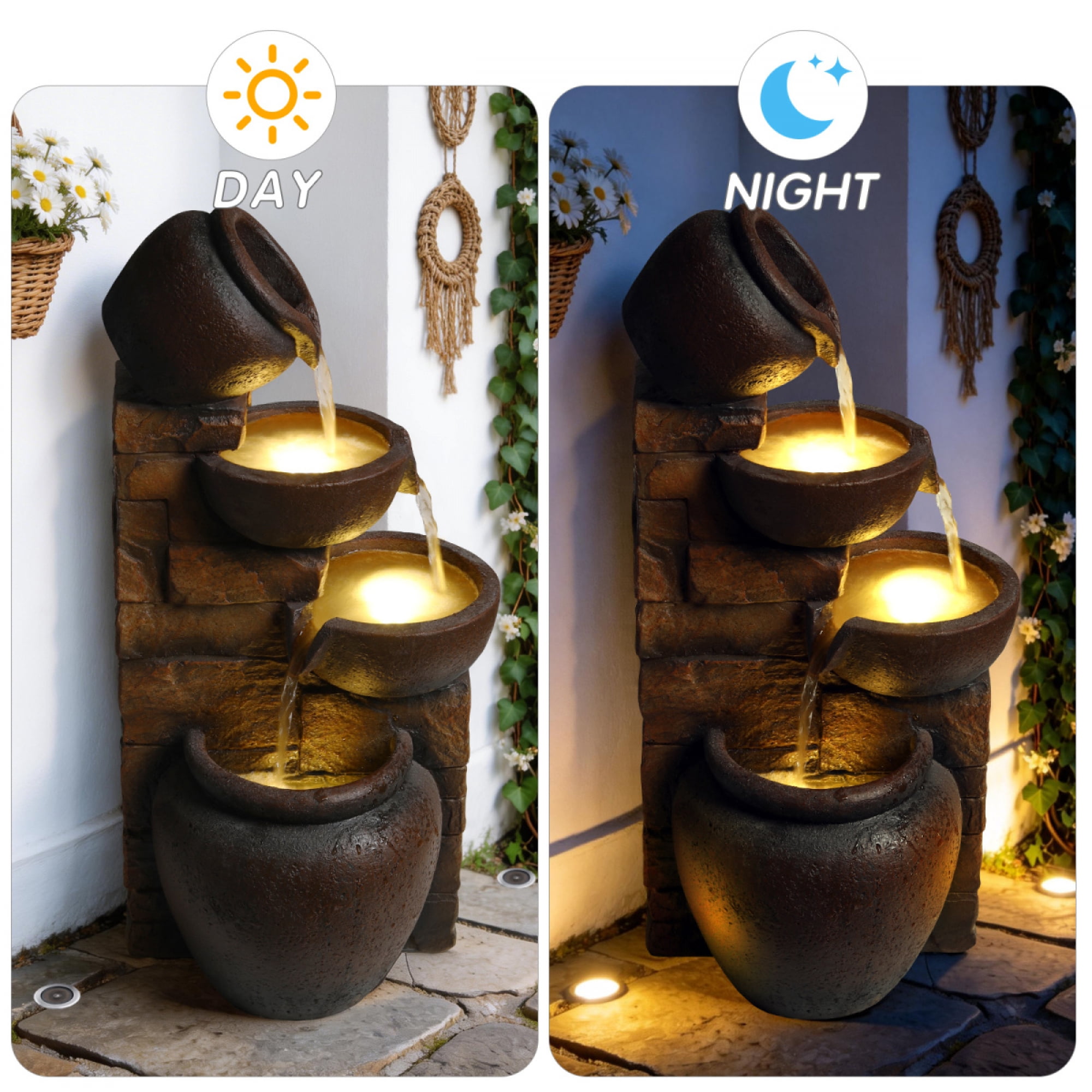 26" Outdoor Water Fountain with LED Lights, 4-Tier Cascading Pottery Jar Waterfall on Faux Stone Wall, Rustic Resin Garden Decor for Patio, Yard and Porch