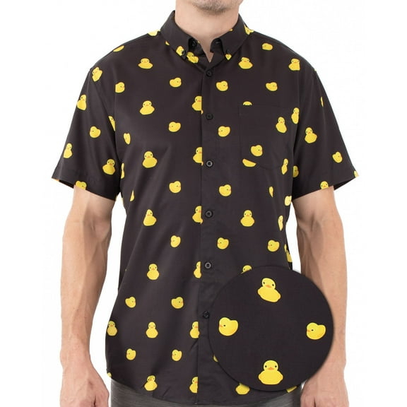 Men’s Rubber Duck Button Up Shirt – Funny Novelty Ducky Print Top – Casual Short Sleeve Vacation & Gift Shirt