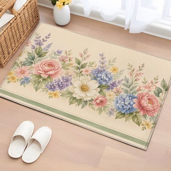 Blue Pink Spring Floral 2'x3' Washable Rug, Pastoral Flowers Vintage Art Non-Slip Soft Doormat Area Rugs for Entrance Bathroom Bedsides, Front Doormat Carpet for Kitchen Bedroom, Entryway Floor Mat