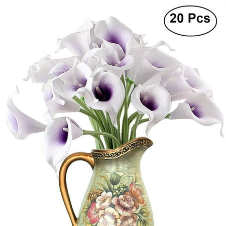 - 20pcs Artificial Calla Lily Bridal Wedding Bouquet Flowers Real Touch Decorative Bouquet (Purple & White)