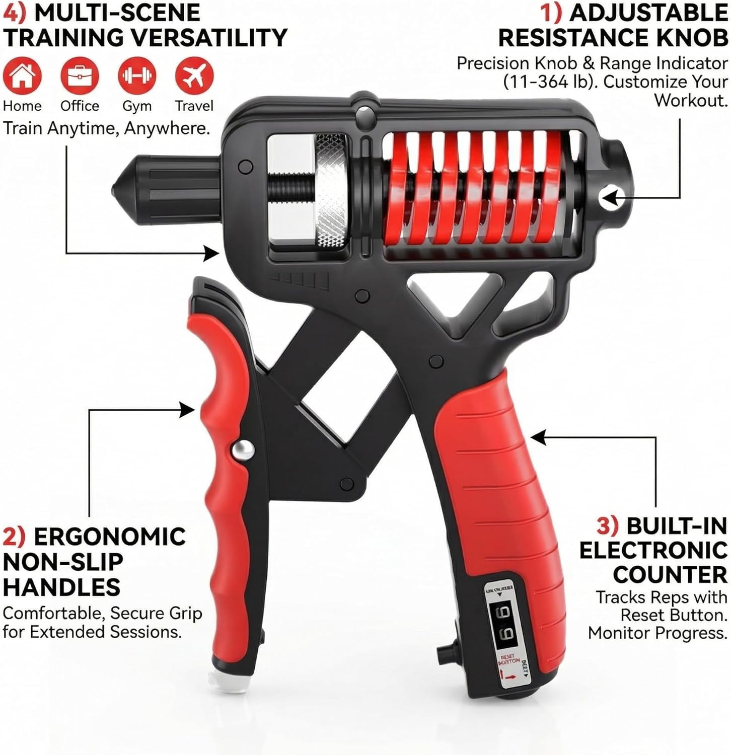 Adjustable Hand Grip Strengthener with Electronic Counter 11-364 lbs Hand Gripper for Finger Forearm Exercise, Non-Slip Handle, Portable Grip Trainer for Home Gym, Office & Travel (1-Piece)      P