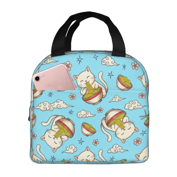 Cat Insulated Lunch Bag Reusable Lunch Box Japanese Ramen Noodle Cat Print Leakproof Thermal Meal Prep Tote With Front Pocket For Work Office Picnic Travel