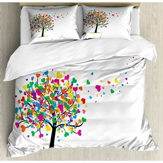 Love Duvet Cover Set Queen Size, Abstract Theme of Romance with Hearts Leaves Tree Pattern on Plain Backdrop, Decorative 3 Piece Bedding Set with 2 Pillow Shams, White and Multicolor, by Ambesonne