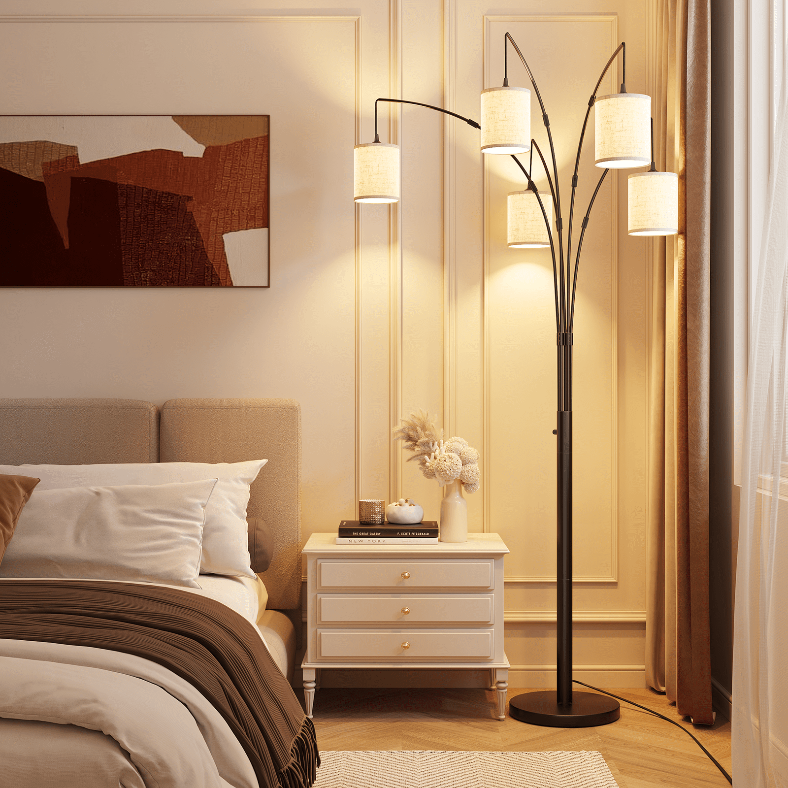 SUNMORY 5 Lights Tree Floor Lamp, 83.5" Large Tall Standing Lamp with Drum Linen Lampshade, Modern Arc Floor Lamps with Heavy Base & 5 Bulbs Included, Mid Century Arched Floor Lamp for Living Room