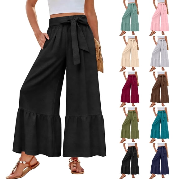 Women Casual Palazzo Loose Pants,Flowy Ruffle Wide Leg Baggy Pant Summer Turquoise 2XL