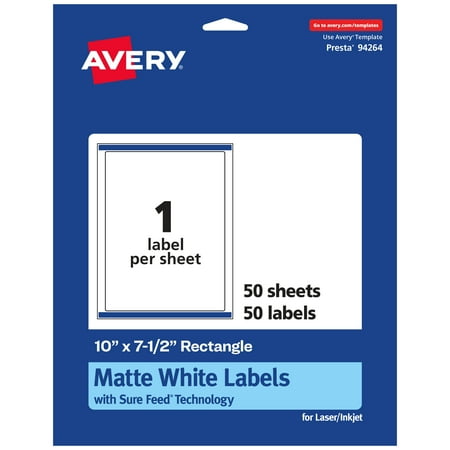 UPC: 0194793026405 | Avery Matte White Rectangle Labels with Sure Feed  10  x 7.5   50 Matte White Printable Labels