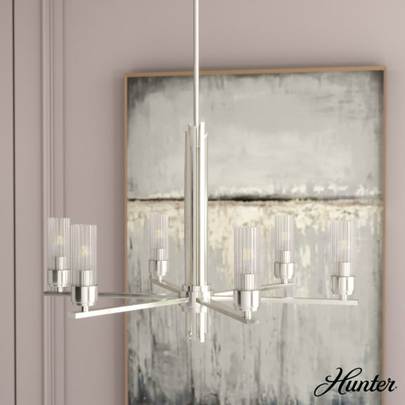 Hunter - Gatz 6-light Brushed Nickel, Large Chandelier, Dimmable, Modern Style, Candle Shaped, for Bedrooms, Dining, Living Rooms - 19786