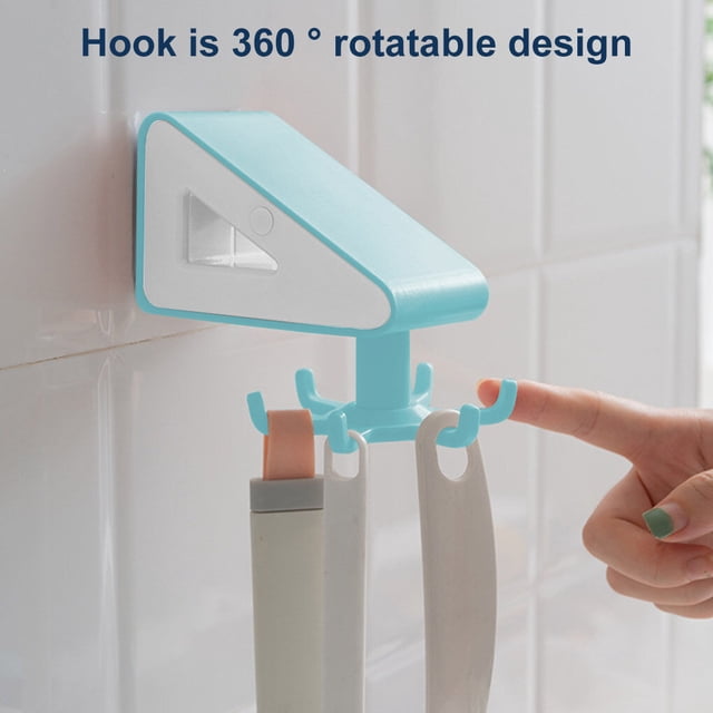 360 Degree Rotating Storage Rack Adhesive 6 Kitchen Gadgets Hooks Bathroom Hanger Kitchen Gadgets Organizer, Light Blue