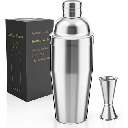 24oz Cocktail Shaker - 18/8 Stainless Steel Bartender Shaker With Built-in Strainer & 2 Pourers