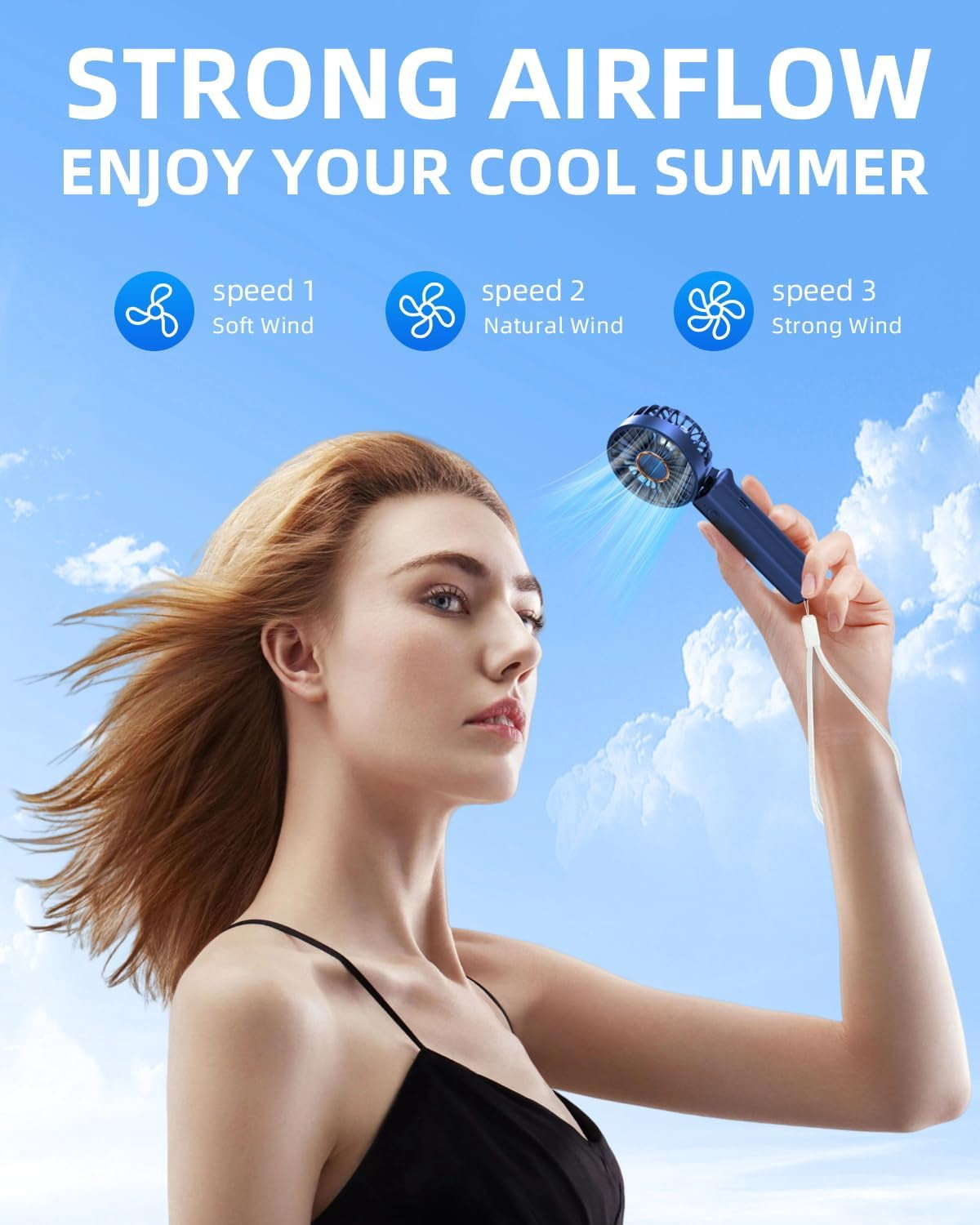 Portable Handheld Fan,Mini Portable Fan, 2000mAh Rechargeable USB Fan, 3 Speed Personal Small Desk Fan,Strong Airflow,Super Quiet, Pocket Fan with Carabiner for Girl Women Home Outdoor Indoor -Blue